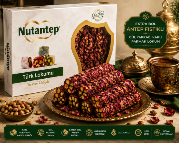 Extra Bol Antep Fıstıklı Steril Gül Yaprağı Kaplı Parmak Lokum - 1 KG